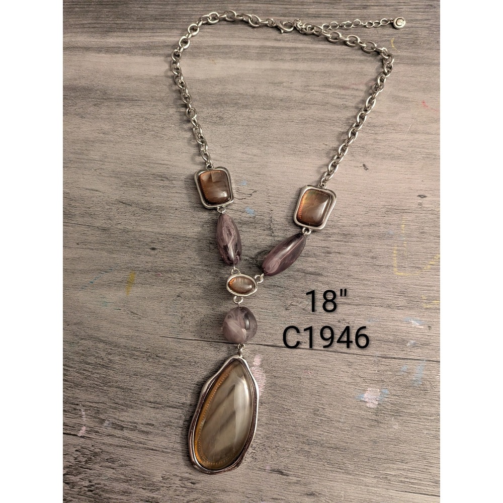Silver Tone Marbled Resin Stone Y-Drop Statement Necklace C1946